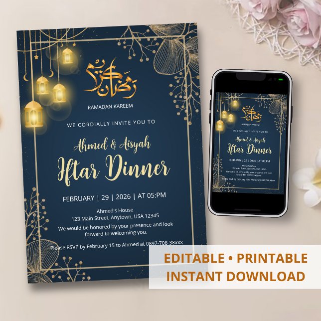 Invitación Luxury Navy Blue and Gold Glitter Frame Iftar  (Subido por el creador)
