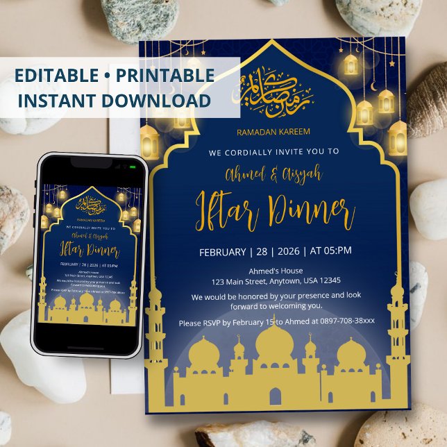 Invitación Luxury Navy Blue and Gold Mosque Iftar Dinner (Subido por el creador)