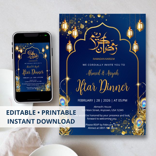 Invitación Luxury Navy Blue and Gold Peacock Ramadan Iftar (Subido por el creador)