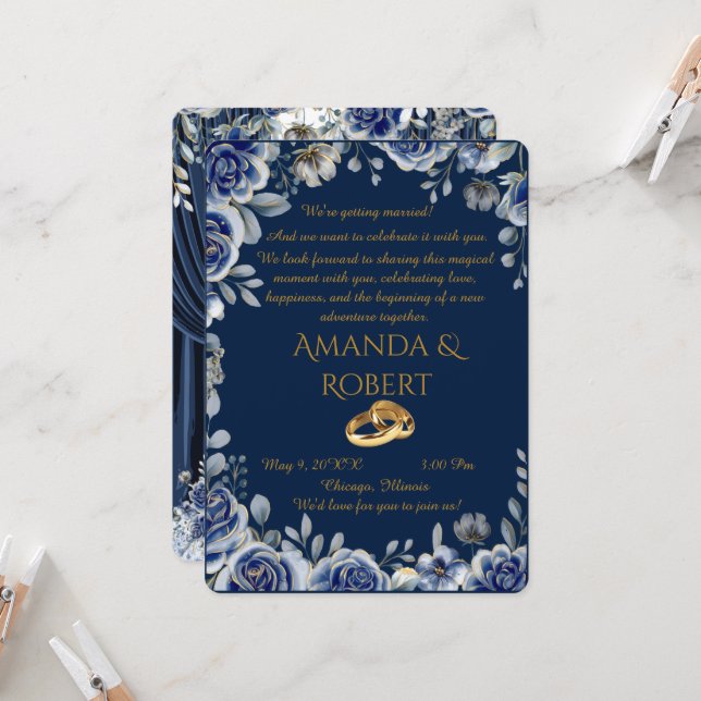 Invitación Luxury Navy Blue and Gold Wedding Invitation with  (Anverso/Reverso In Situ)