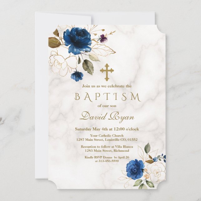Invitación Luxury Navy Blue Gold Floral Cross Marble Baptism (Anverso)