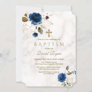 Invitación Luxury Navy Blue Gold Floral Cross Marble Baptism