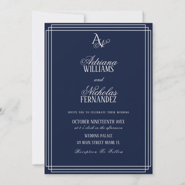 Invitación Luxury Navy Blue Monogram Wedding (Anverso)