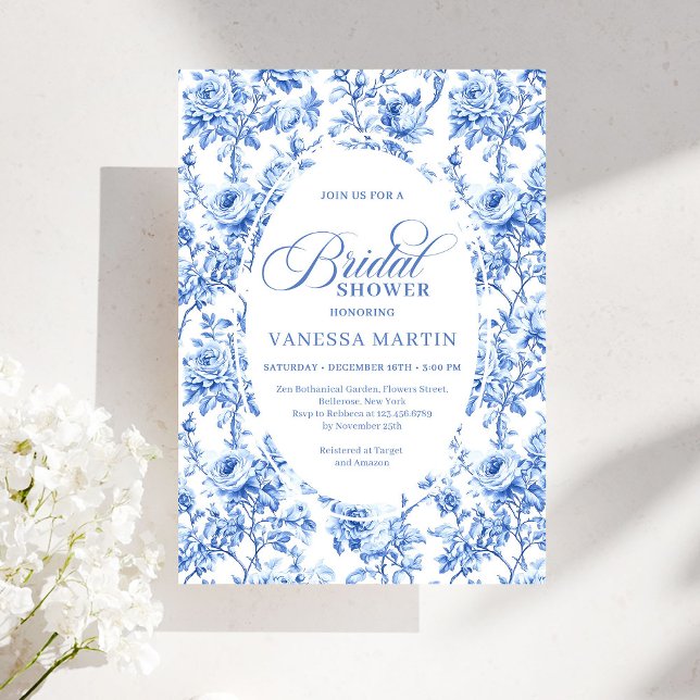 Invitación Luxury Navy Blue Toile Roses Bridal Shower Invites (Luxury Navy Blue Toile Roses Bridal Shower Invitation)