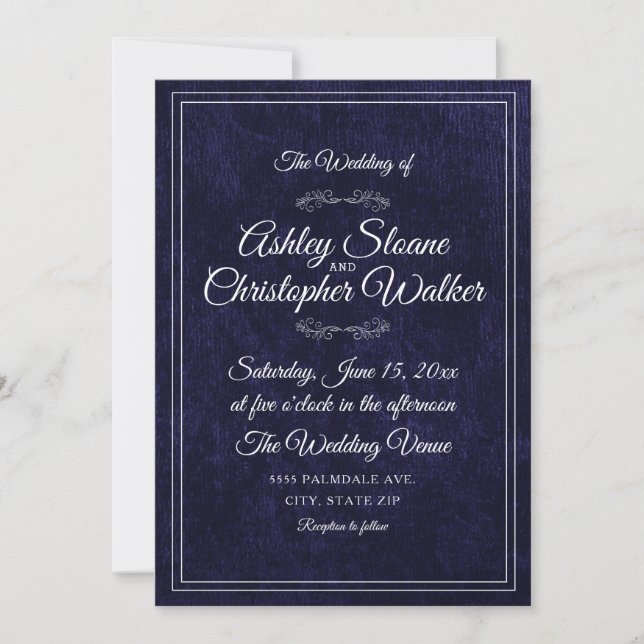 Invitación Luxury Navy Blue Velvet White Monogram QR code (Anverso)