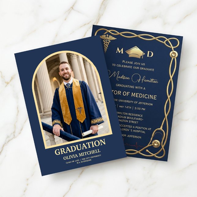 Invitación Luxury Navy & Gold Medical Graduation Invitation (#GraduationInvitation #MedicalGraduation #DoctorOfMedicine #NavyAndGoldDesign
#LuxuryInvitation )