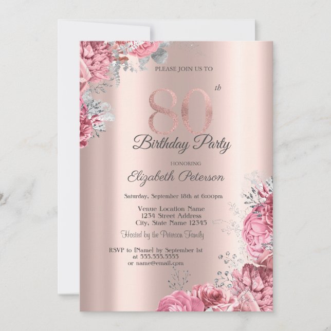 Invitación Luxury Pink Floral Rose Gold 80th Birthday Party (Anverso)