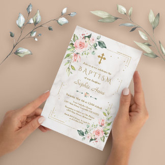 Invitación Luxury Pink Flowers Gold Glitter Marble Baptism
