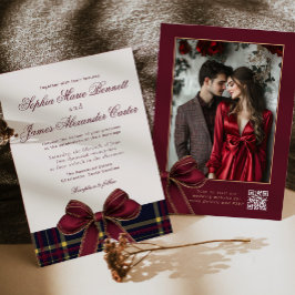 Invitación Luxury plaid Burgundy Bow Winter Photo Wedding