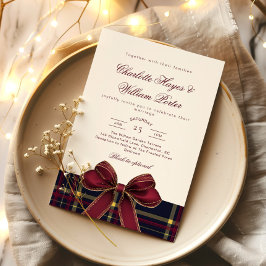 Invitación Luxury plaid Burgundy Bow Winter Weddding