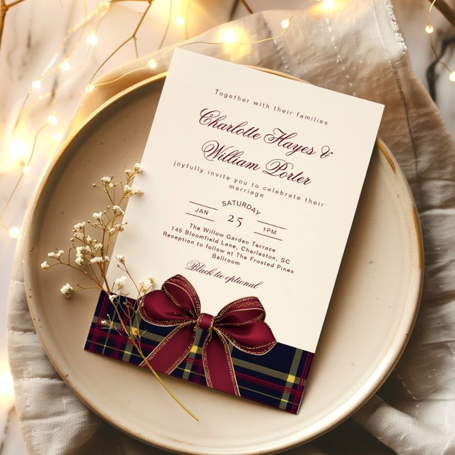 Invitación Luxury plaid Burgundy Bow Winter Weddding (Subido por el creador)
