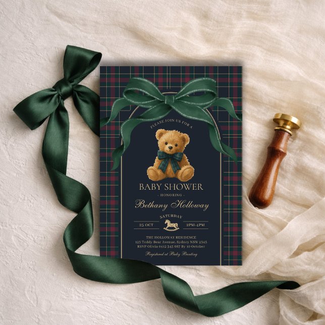 Invitación Luxury Polo Teddy Bear Green Bow Plaid Baby Shower (Subido por el creador)