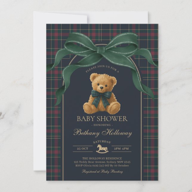 Invitación Luxury Polo Teddy Bear Green Bow Plaid Baby Shower (Anverso)