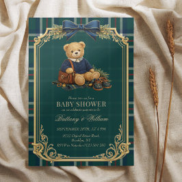 Invitación Luxury Preppy Teddy Bear Plaid Baby Shower 