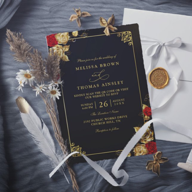 Invitación Luxury Red Gold and Black Elegant QR Code Wedding (Subido por el creador)