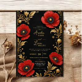 Invitación Luxury Red Poppy Black and Gold Floral Elegant 