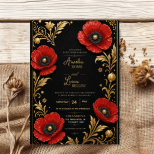Invitación Luxury Red Poppy Black and Gold Floral Elegant 
