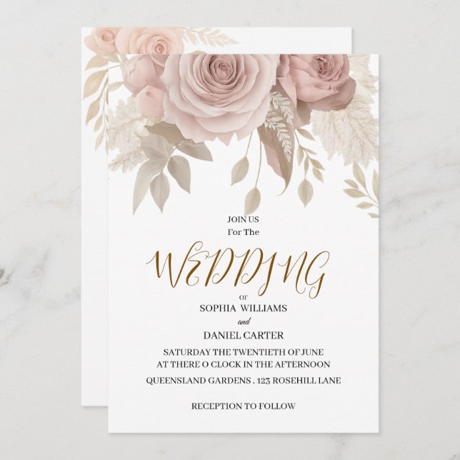 Invitación Luxury Rose Gold Blush Botanical Wedding Card (Anverso / Reverso)