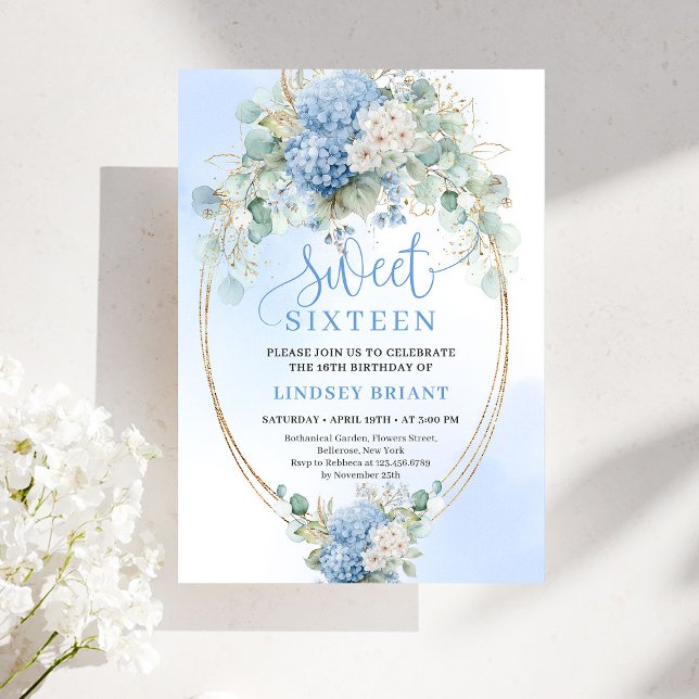 Invitación Luxury Script Blue Hydrangeas Sweet Sixteen Invite (Luxury Script Blue Hydrangeas Sweet Sixteen Invite)
