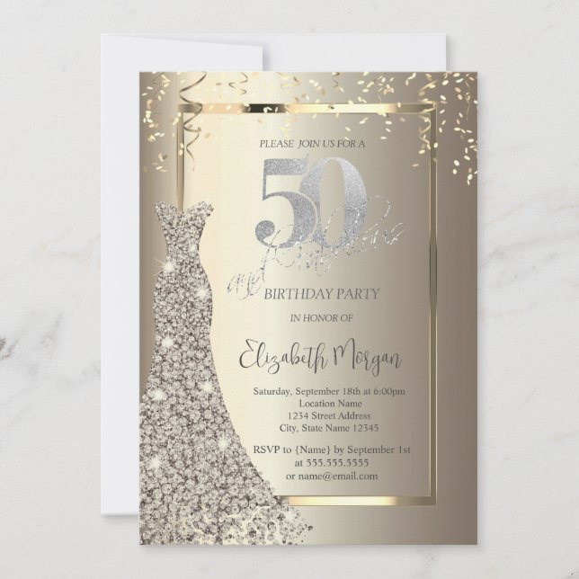 Invitación Luxury Shiny Diamonds Dress Gold 50th Birthday (Anverso)