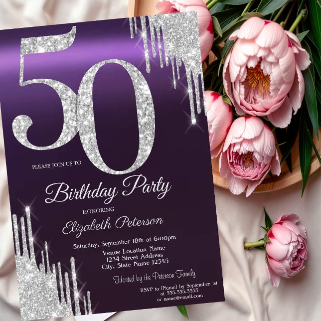 Invitación Luxury Silver Glitter Drips Purple 50th  (Subido por el creador)