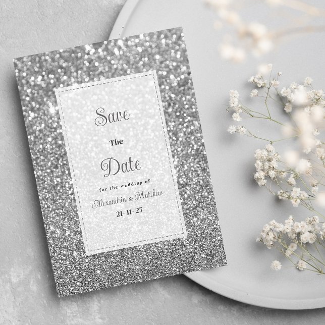 Invitación Luxury silver sparkly glitter glam Save The Date  (Luxury silver sparkly glitter glam Save The Date)