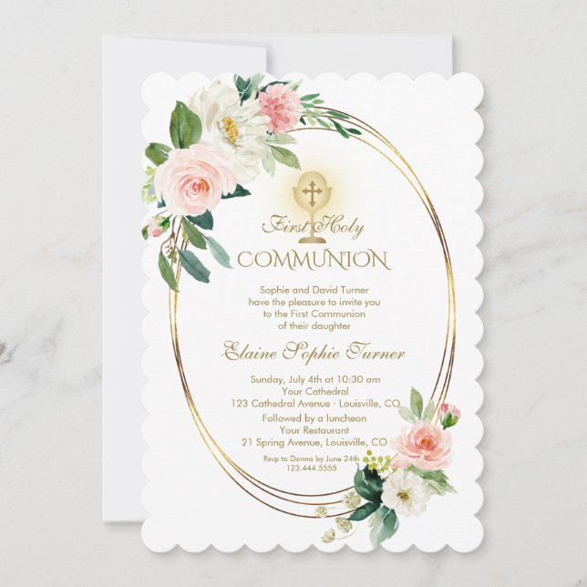 Invitación Luxury Spring Rubor Floral Gold Holy Communición (Anverso)