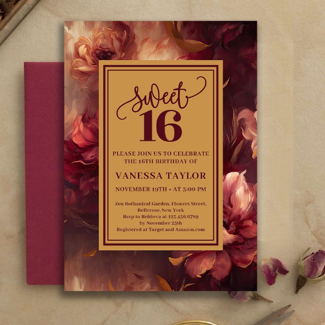 Invitación Luxury Sweet 16 Burgundy Floral Gold Invitation (Luxury Sweet 16 Burgundy Floral Gold Invitation)