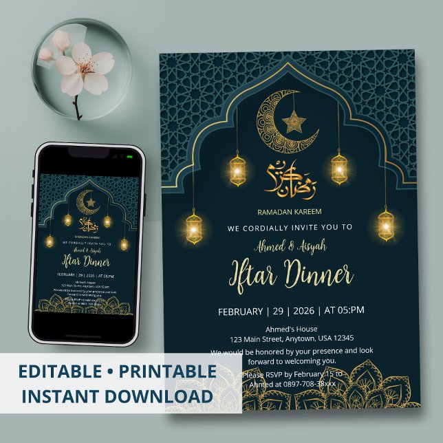 Invitación Luxury Teal and Gold Mandala Iftar Invitation (Subido por el creador)