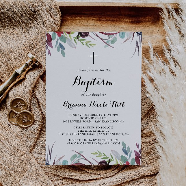 Invitación Luxury Whimsical Boho Floral Calligraphy Baptism (Subido por el creador)