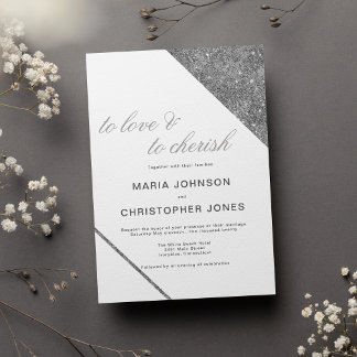 Invitación Luxury white classic script silver glitter wedding