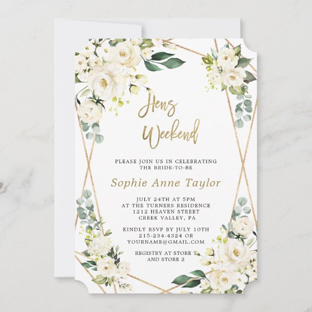 Invitación Luxury White Floral Gold Bachelorette Weekend (Anverso)