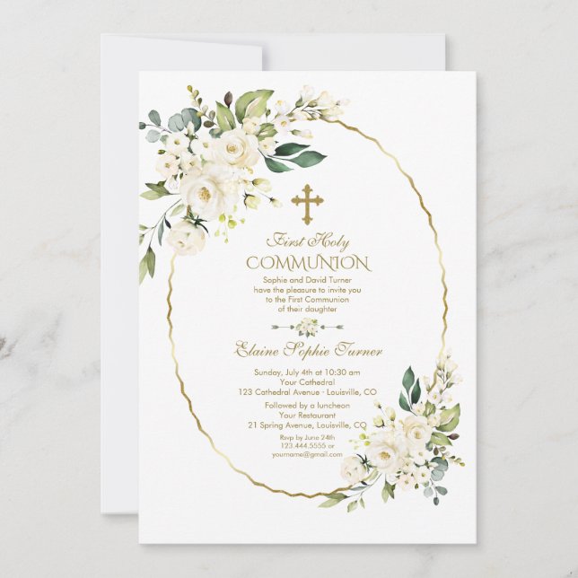 Invitación Luxury White Flowers Gold First Holy Communion (Anverso)