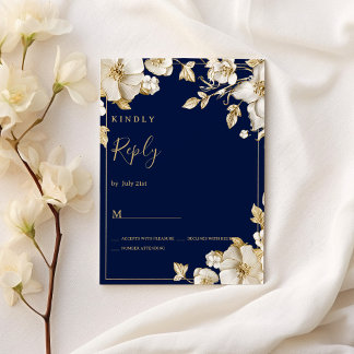 Invitación Luxury white gold floral navy blue RSVP