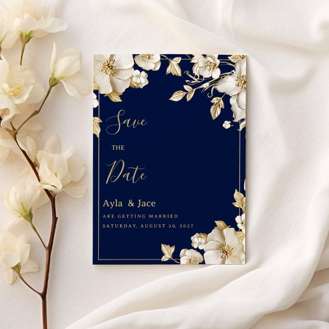 Invitación Luxury white gold floral navy blue Save the Date (Luxury white gold floral navy blue Save the Date)