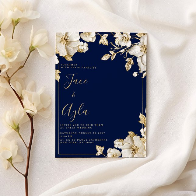 Invitación Luxury white gold floral navy blue Wedding (Luxury white gold floral navy blue Wedding )