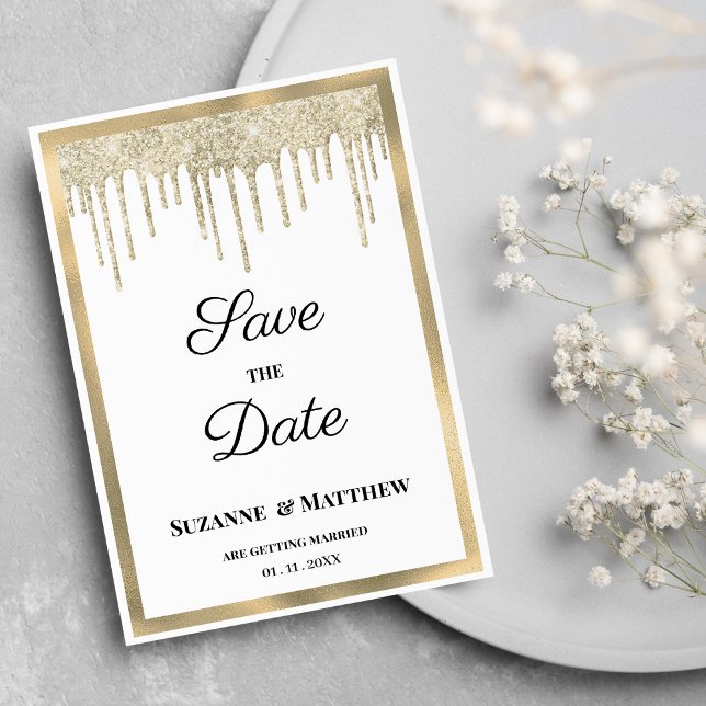 Invitación Luxury white gold glitter drips Save the Date (Luxury white gold glitter drips Save the Date)