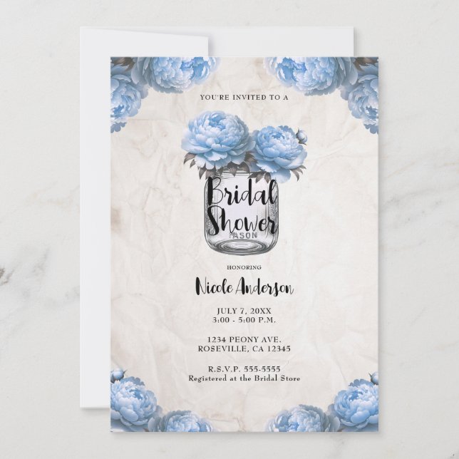 Invitación Luz azul Peony Mason Jar Rustic Bridal Shower (Anverso)