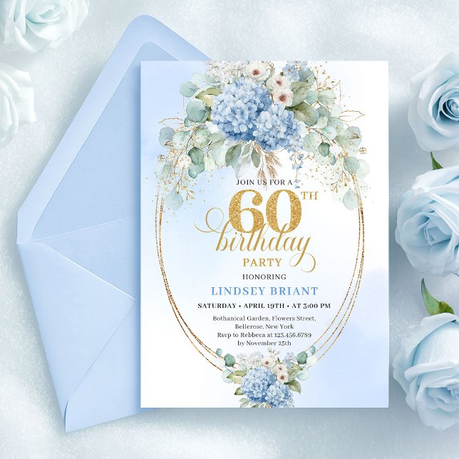 Invitación Luz Bohemia Atemporal Azul Floral Cumpleaños 60 (Timeless Bohemian Light Blue Floral 60th Birthday)
