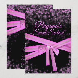 Invitación Luz Brillante con Lazo Rosa y Negro Cumpleaños Dul