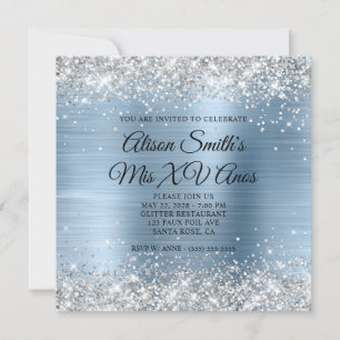 Invitación Luz Brillante Plateado Monograma Mis XV Años Azul