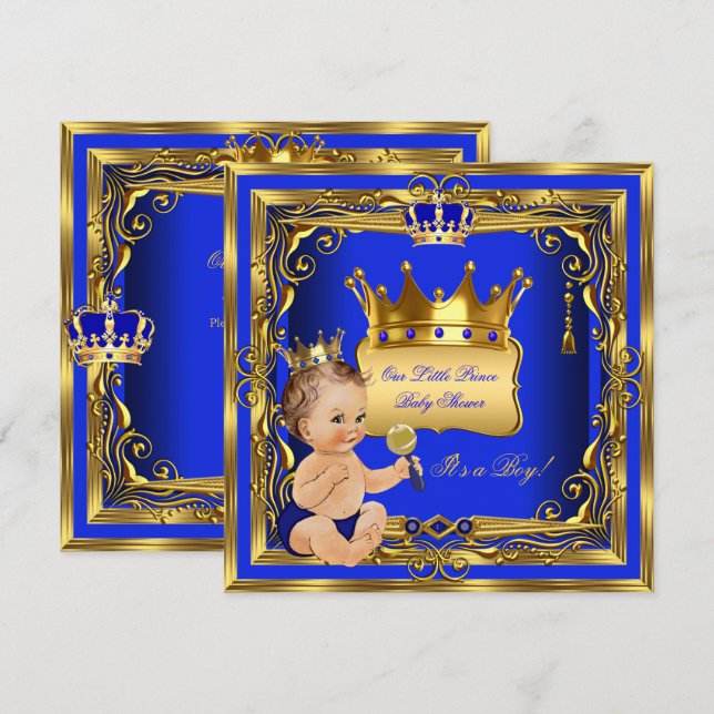 Invitación Luz Brunette Prince Baby Shower Boy Blue Gold (Anverso / Reverso)