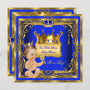 Invitación Luz Brunette Prince Baby Shower Boy Blue Gold