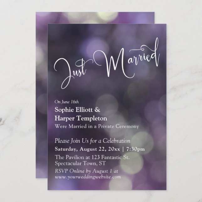 Invitación Luz de Bokeh Morado y Tipografía "Recién Casados" (Anverso / Reverso)