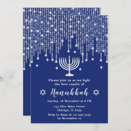 Invitación Luz de cadena azul y plata Fiesta Hanukkah
