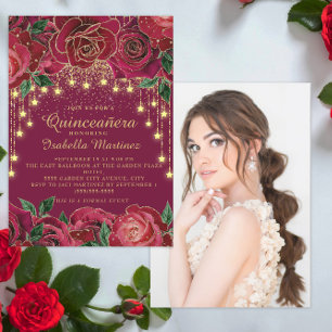 Invitación Luz de cadena de oro de rosa roja Quinceañera foto