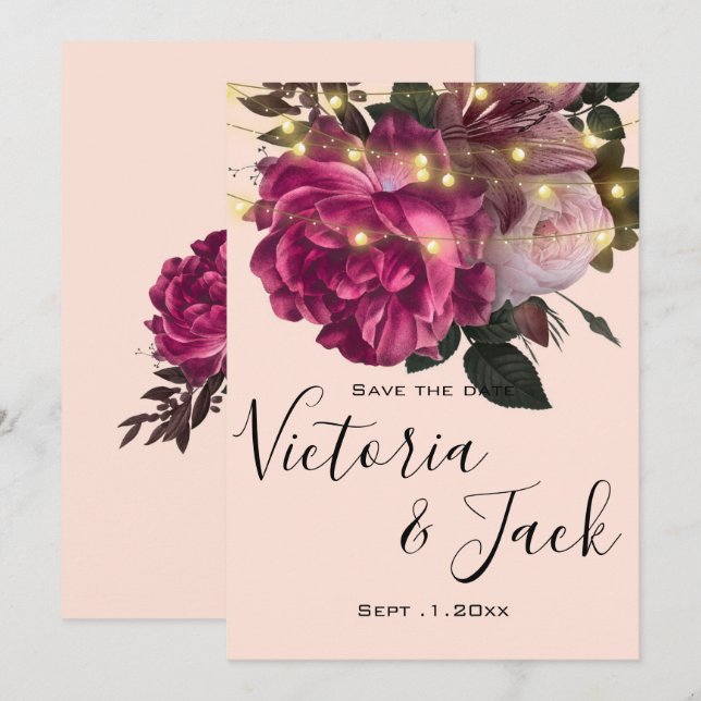 Invitación luz de cadena Flor de Borgoña guardar las fechas (Anverso / Reverso)