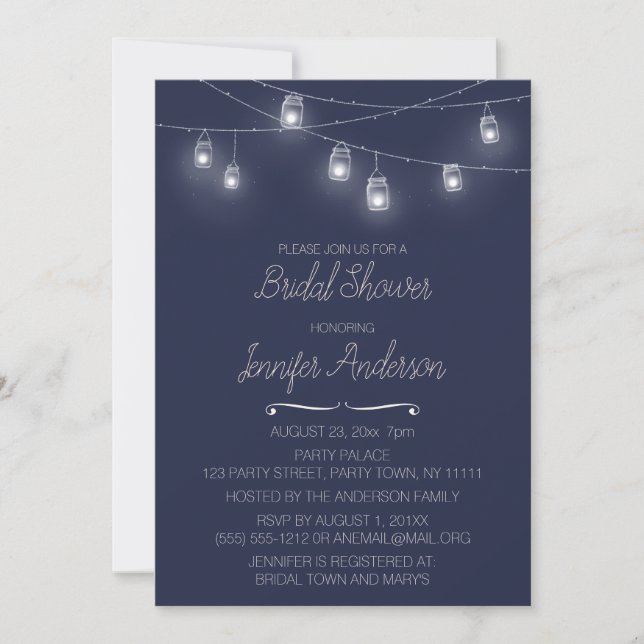 Invitación Luz de cadena Mason Jar Blue Bridal Shower (Anverso)