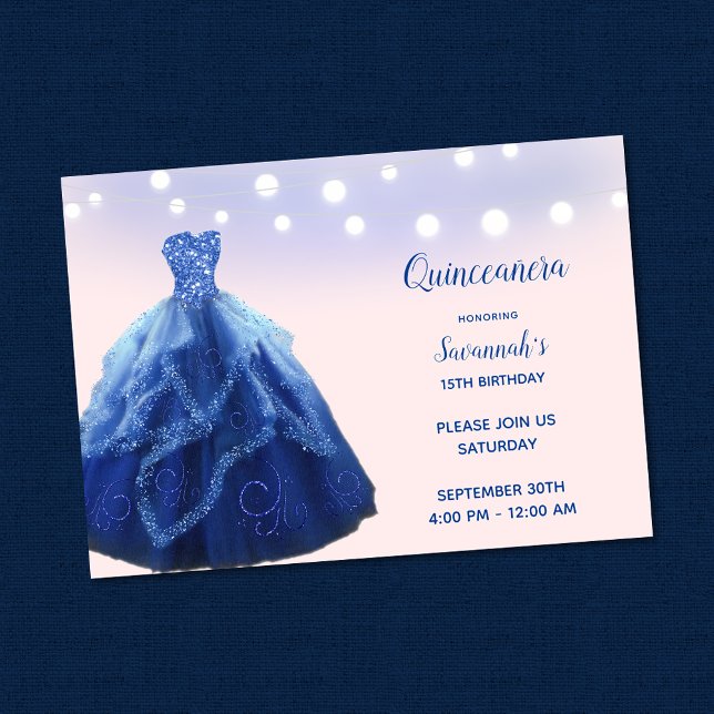Invitación Luz de cadena Rubor azul de la Marina Quinceanera (Subido por el creador)