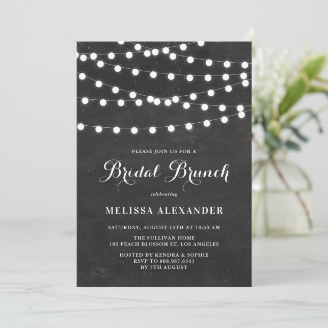 Invitación Luz de cuerda blanca en Chalkboard Bridal Brunch (Anverso de pie)